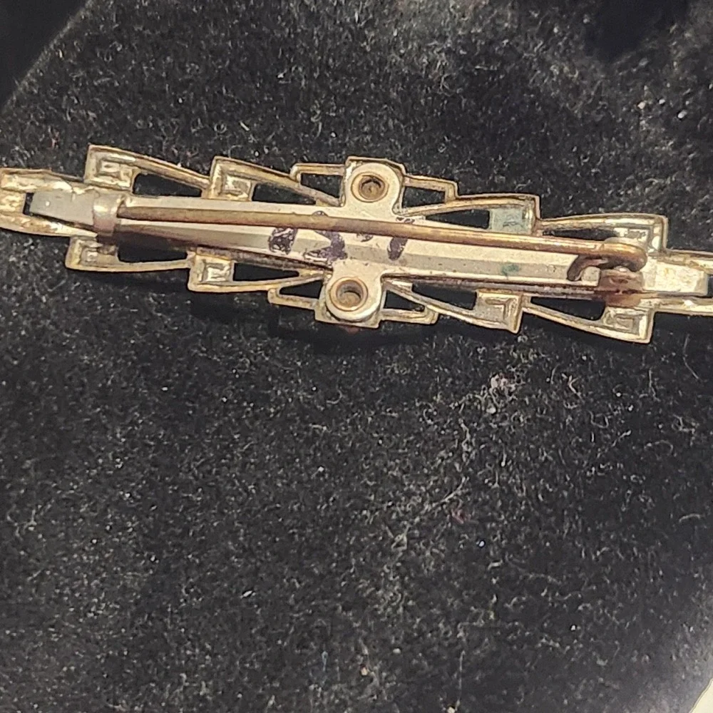 Art Deco Bar Brooch Mother‎ of Pearl Rhinestone Gold Bronze Tone Geometric VTG